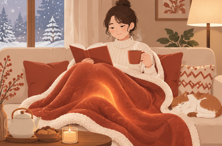 電気毛布にくるまって温まる人のイラスト